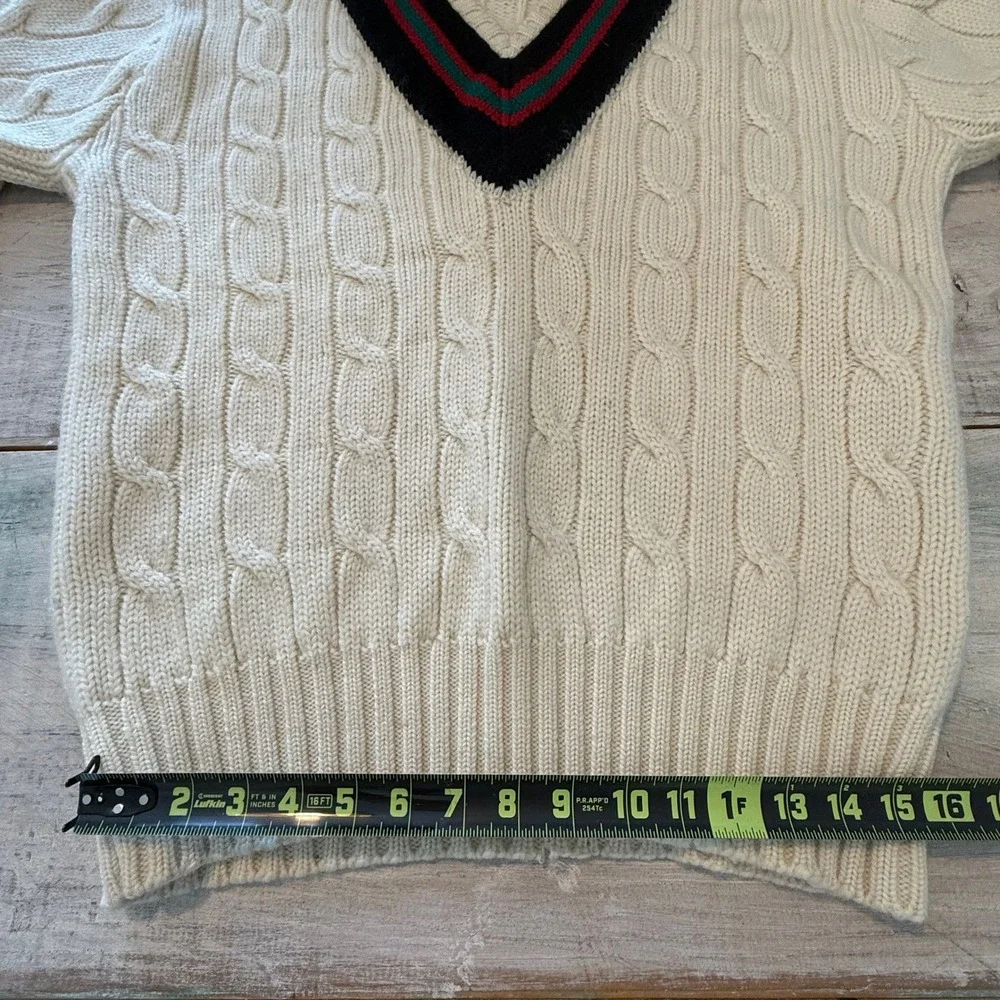 Vintage Polo Ralph Lauren 100% Wool Cable Knit Tennis Sweater Cream Mens Large‎